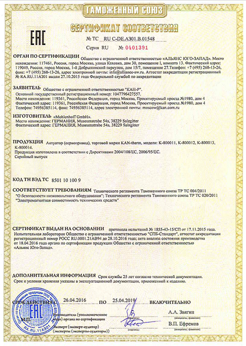 Сертификат на сервопривод